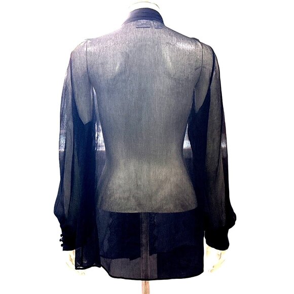Vintage All Silk Blouse by Chicos Size 1 Black Sheer Lace Chic Romantic City Top - Picture 6 of 14